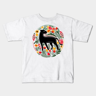 Folk Art Jungle Cat with Flowers and Leaves Kids T-Shirt